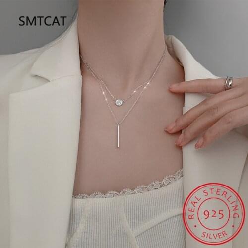 925 Sterling Silver Long Stick Pendant Necklace for Women Double Layer Geometric Necklace Wedding Jewelry Collares