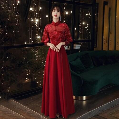 Bride Retro Mandarin Collar Appliques Beading Prom Dresses Sexy A Line Tulle Evening Dress Wedding Party Toast Gowns