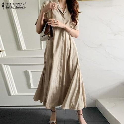 ZANZEA Elegant Lapel Neck Shirt Dress Summer Women Sundress Casual Loose Short Sleeve Solid Work OL Vestido With Belt Robe Femme