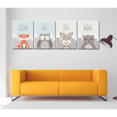 Nordic Art Animal Lion Fox Bear Minimalism Poster Painting Cartoon Nursery Wall Picture Print Baby Kids Room Decoration Brave