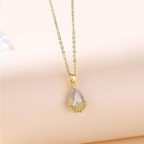 Simple Fashion Gold Color Hollow Small Flower Necklace White Zircon Water Drop Pendant Necklaces For Women Charm Wedding Jewelry