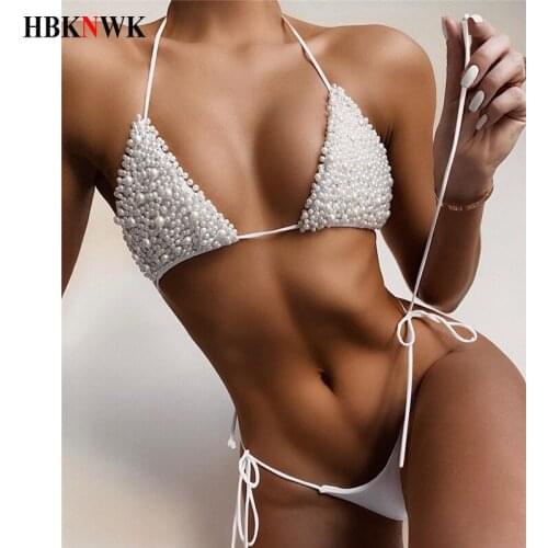 Sexy Thong Bikinis Swimsuits For Women Two Piece Swimwear 2020 Summer New Pearl Swimming Bathing suits Woman Push Up Bikinis Set