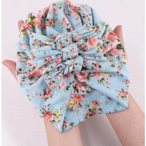 20 Pcs/Lot, Floral Printed Knot bow Turban Hat, Cotton Fabric Bowknot Beanie Head Wrap, Baby Shower Gift