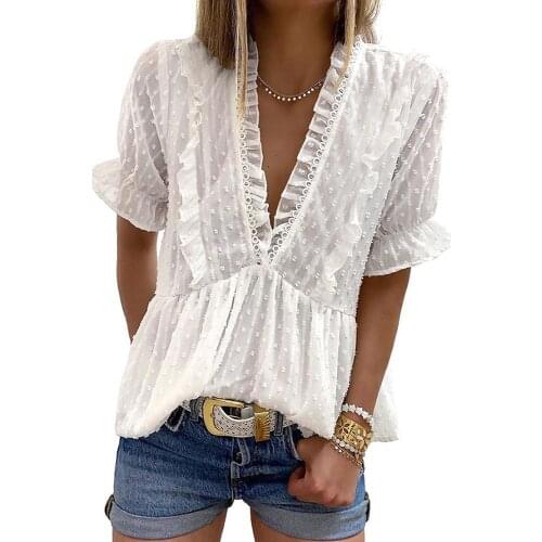 Blue/Black/White Ruffled V Neck Frill Hem Swiss Dot Blouse Women Casual Sweet Solid Plus Size Blouse Top