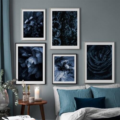Blue Rose Flower Leaf Poster Scandinavian Canvas Print Botanical Wall Art Picture Painting Nordic Style Modern Living Room Decor
