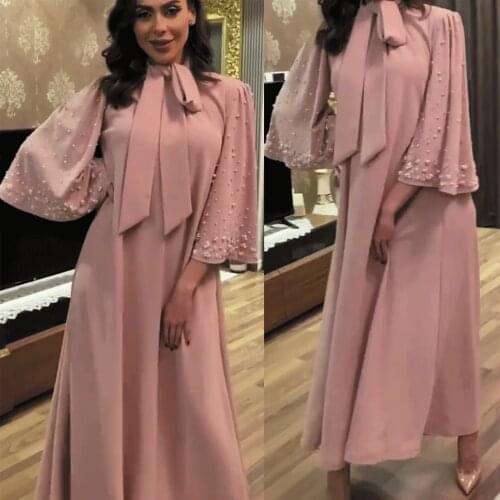 SuperKimJo Vestidos Largos De Fiesta Dusty Pink Muslim Prom Dresses 2020 Beaded Elegant A Line Cheap Prom Gown Robe De Soiree