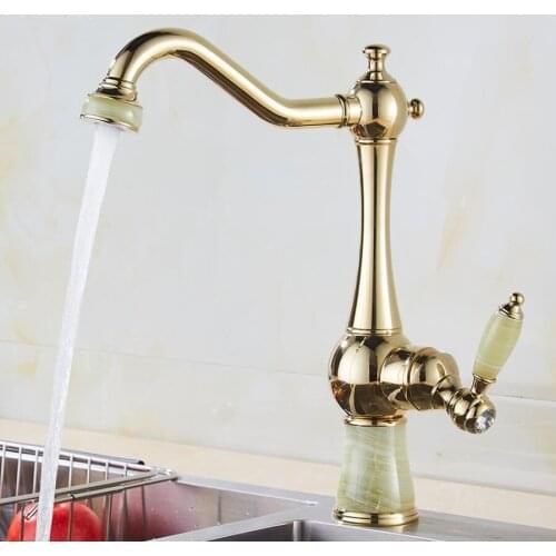 Vidric Kitchen Faucets Brass with Jade Kitchen Crane Single Handle Gold Finish 360 Swivel Mixers Taps Kitchen Tap Sink Mixer