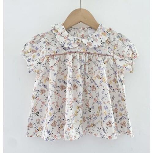 Vintage Floral Girls Shirt Summer Short Sleeve Petal Collar Girls Blouse Toddler Tops Children Jackets Outwear Camisa/koszula
