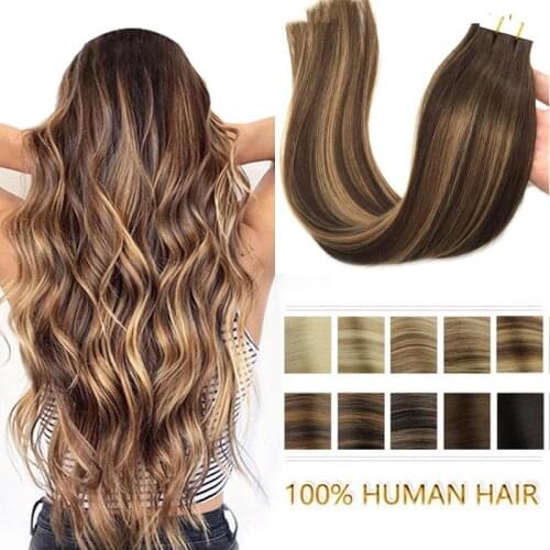 Remy Hair Straight Tape In Human Hair Extensions Seamless Invisible Natural Skin Weft Adhesive Extension Brown Blonde 20pcs