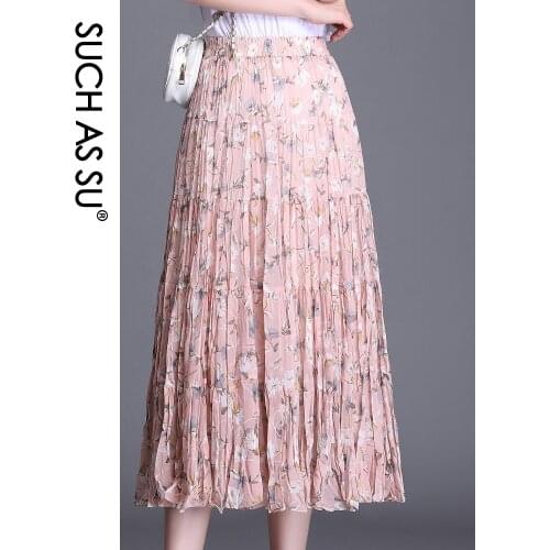 New Summer 7 Color Chiffon Skirt Women High Waist Flower Print Skirt Elastic Large Size Female A Line Mid-Long Big Swing Skirt