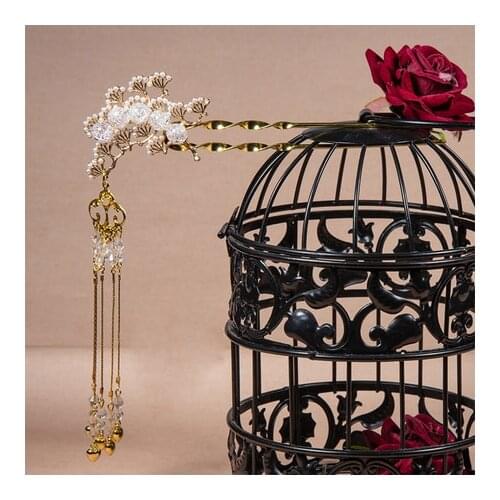 Golden Pine White Crystal Tassel Step shake Kanzashi Hair Clips Ancient Style Hanfu Cheongsam Hairpin Chinese Headdress Lolita