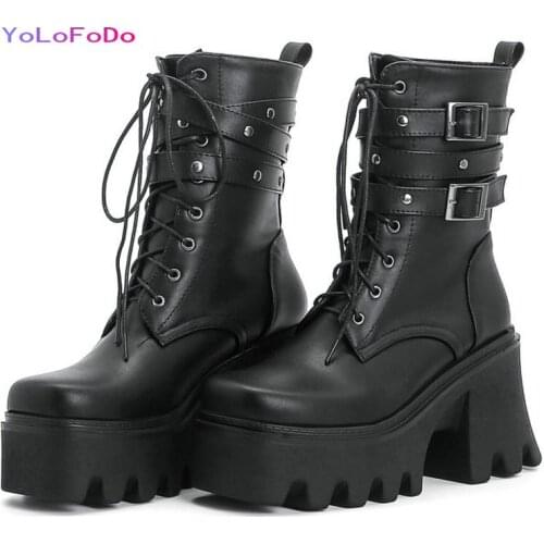 2021 Autumn Winter Women Ankle Boots Platform Square High Heel Ladies Motorcycle Boots PU Leather Cross Tied Womens Boots