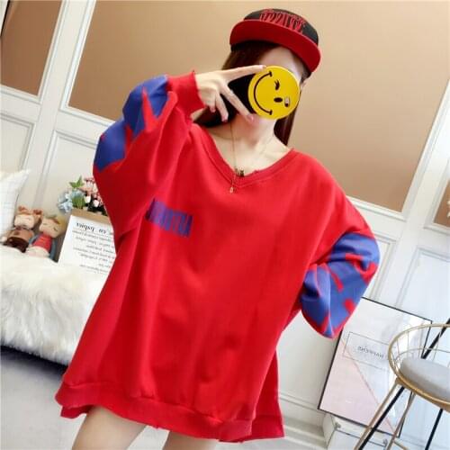 2021 Spring Hoodies Women Thin Loose Letter Printed Oversized V-Neck Harajuku Korean Sweatshirt Female Simple Pullovers Roupas