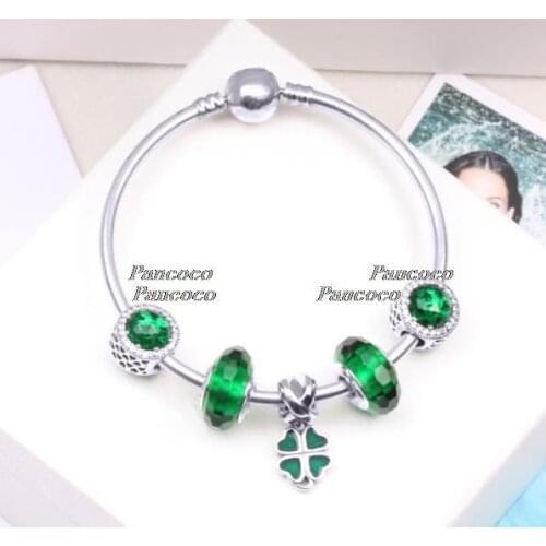 925 Sterling Silver Enamel Four-leaf Clover Flower Pendant Beaded Bracelet For Women Wedding Gift Pandora Jewelry