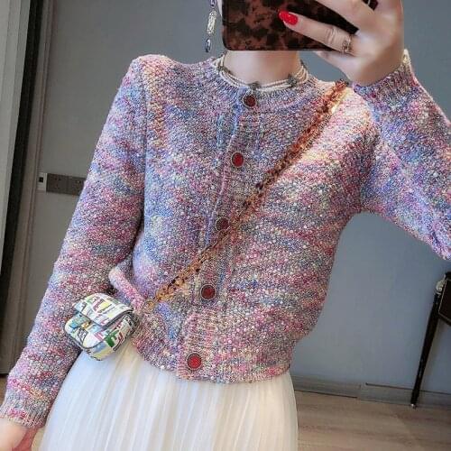 Runway Knitted Cardigan Crop Top Women Designer Pearls Beaded Colorful Short Knit Jacket 2021 Autumn Winter Thick Sweater Coat