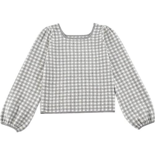 2020 Autumn New Womens Square Collar Lantern Puff Sleeve Fashion Wild Retro Plaid Pullover Knitted Sweater