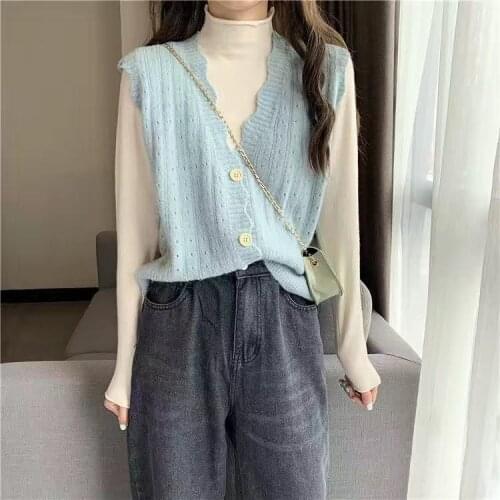 Knit Sweater Vest Women 2020 Autumn Korean Style Cute Wave Design Hollow Out Single Breasted V Neck Sleeveless Cardigan T548