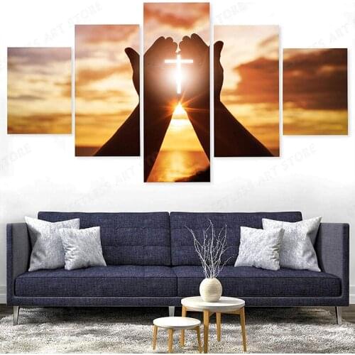 5 Piece Canvas Wall Art Jesus Hands Prayer Posters and Prints Christian Crosses Christ Posters Canvas Decor