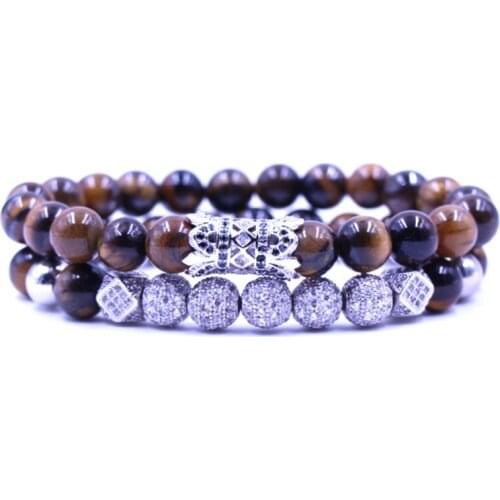 8mm 2PCS/Set silver gh3 elastic adjusted nature yellow Tigereye bead micro pave cz zircon cubic zirconia tube Bracelet Jewelry