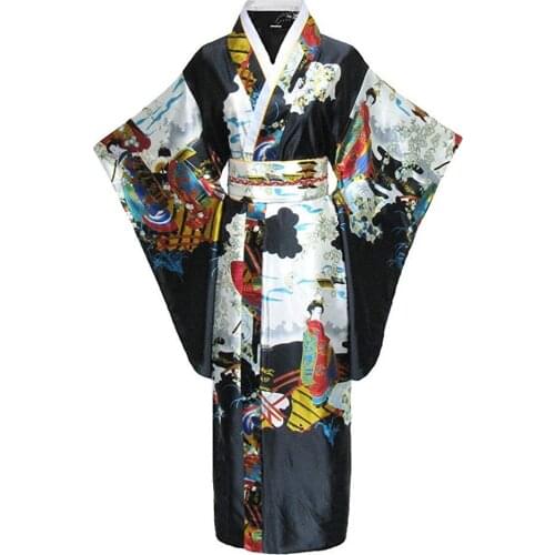 Long Black Performance Clothing Japanese Kimono Bathrobe Gown Yukata With Obitage Evening Party Prom Dress Satin Cosplay Costume