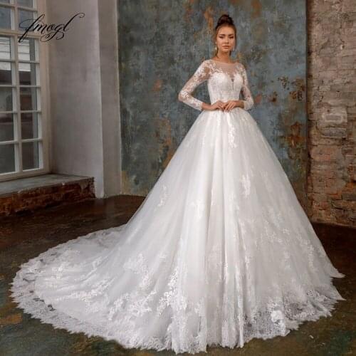 Fmogl Sexy Illusion Long Sleeve Lace A Line Wedding Dresses 2021 Luxury Scoop Neck Appliques Court Train Vintage Bridal Gowns