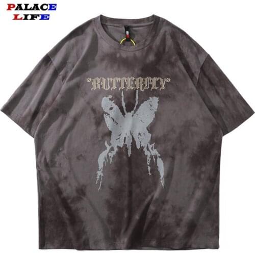 Distressed Butterfly Print Tie Dye T Shirts Men Streetwear Harajuku Hip Hop Casual 100% Cotton Short Sleeve Tees Couples Tops