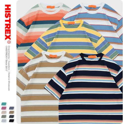 HISTREX 50 Colors Stripe 100% Cotton 200g Men T Shirt T-shirt Summer Vintage Top Brand Cl Tshirt Man 21PUE