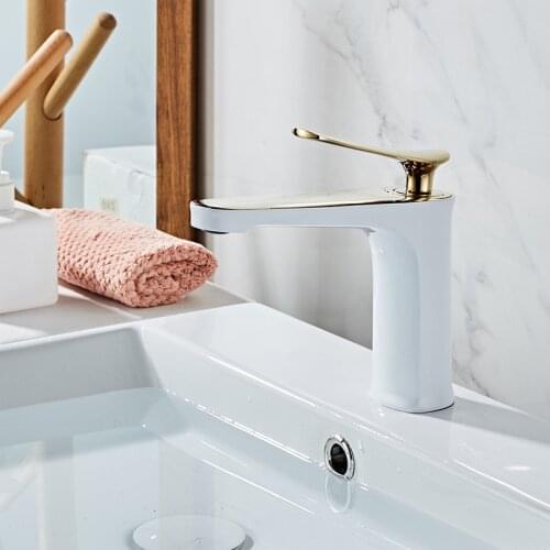 Bathroom Basin Faucets White and Gold Brass Sink Water faucet Single Hole Cold and Hot Water Tap Basin Faucet Mixer Tap Torneira