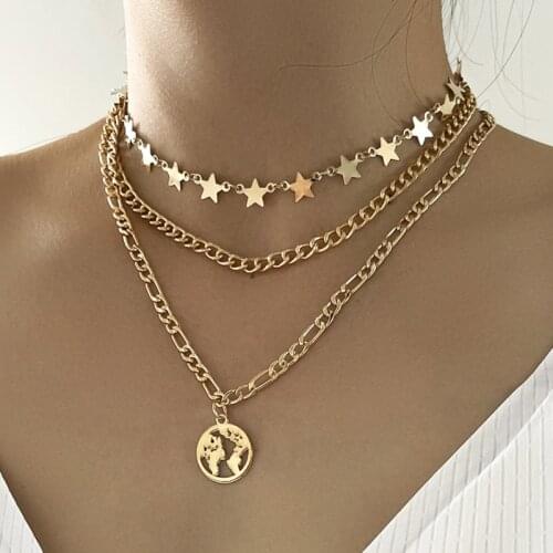 Fashion Gold Star Choker Necklace Vintage Map Pendant Multilayer Clavicle Chain Necklace Trendy Jewelry Accessories