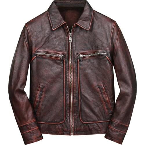 Plus Size 4XL Automotive Real Leather Jackets and Coats For Man Real Photo Vintage Fashion Motorcycle Biker Male Cowhide Jacket