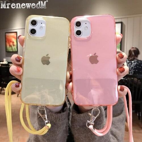 Necklace Cord Phone Cases For iPhone 11 12 Pro Max Mini XS X XR 7 8 Plus 6 6S Plus SE2 Candy Color Clear Soft Cover With Lanyard