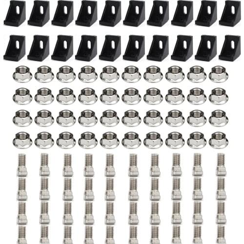 3030 Aluminum Profile Connector Set: 20pcs Black Corner Bracket + 40pcs M6 x 16mm T Bolt Screws + 40pcs M6 Hex Flange Nuts