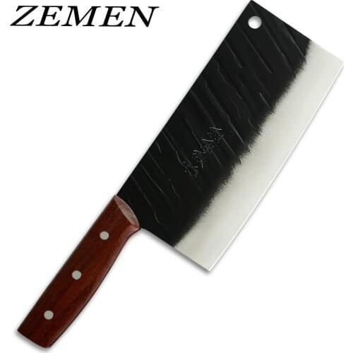 ZEMEN Chopping Knife Fixed Blade Cleaver 8" Professional Slaughter Cutlery Meat Vege Cutter Wood Handle Kitchen Accessories