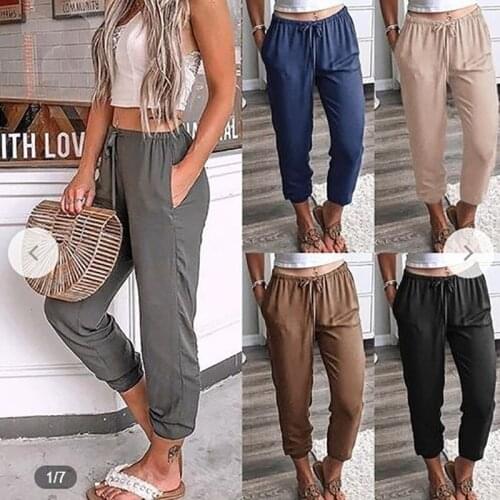 Popular Solid Color Lace-up Ankle-Length Pants Low Waist Casual Pants Khaki Gray Black Pants for Woman