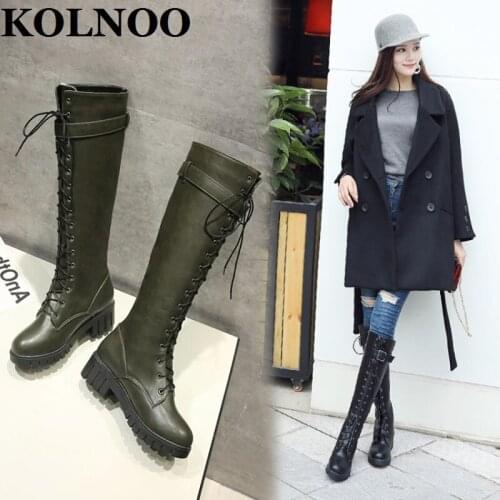KOLNOO New Winter Style Womens Thick Heels Boots Ridding Knight Sexy Martin Boots Eurolish Large Size 32-46 Fashion Knee Shoes