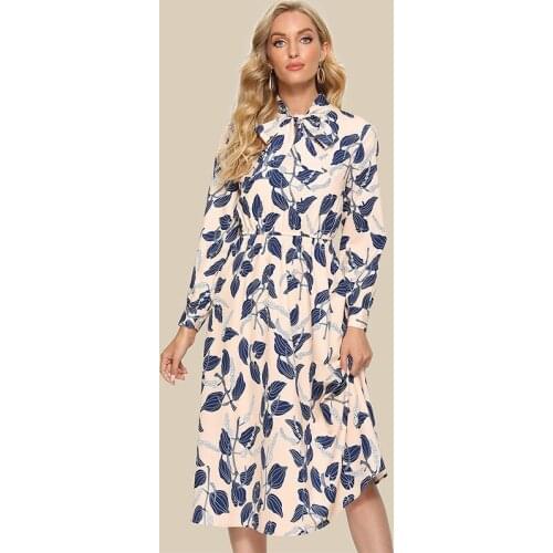 2021 New Summer Fashion Elegant Women Long Sleeve Mid Sundress Ladies Print Bow Tie Neck Casual Dresses A Line Vestidos Dess