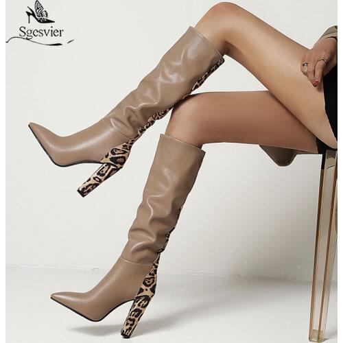 Sgesvier Fashion Pointed Toe Square High Heel Women Knee High Boots PU Leather Autumn Winter Ladies Boots Leopard Modem Boots