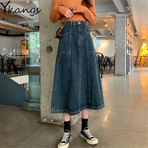 Vintage Denim Skirt Women Plus Size 5XL Korean Long Jeans Skirt 2021 Button Pocket Big Hem Casual Loose High Waist A-Line Skirts