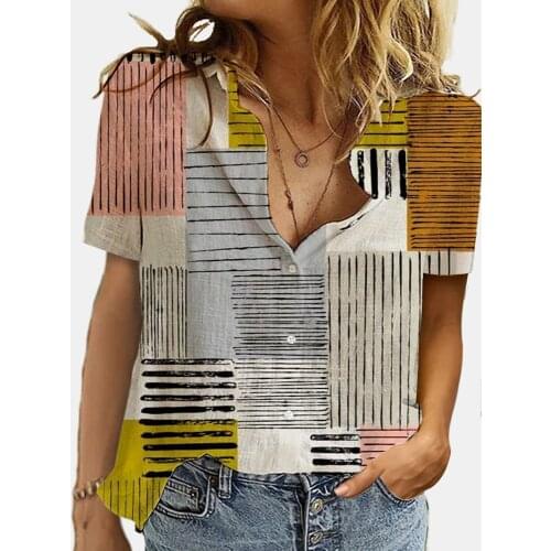 Summer Elegant Blouses Women Printed Clothes Short Sleeve Turn Down Collar Button Up Shirts Office Lady Casual Tops 2021