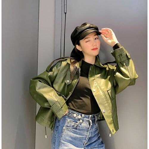 2021 Spring Women Short Faux Leather Jacket Biker Green Autumn Coat Big Pocket PU Motorcycle Jackets Loose Streetwear Outerwear
