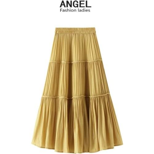 Ladies Korean Version Of Pure Color Cake Pleated Skirt Fashion Girly Style Sweet Mesh Stitching High Waist Pleated Midi Skirt