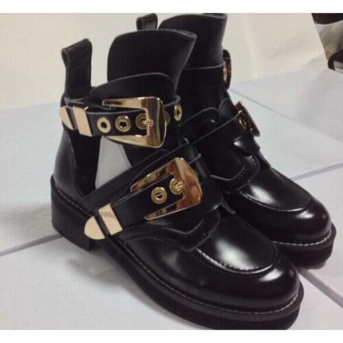 Spring hot selling women boots chunky heels platform buckle decoration cutouts women motorcycle boots ankle boots black