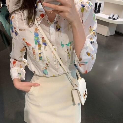 Printed Shirts Womens 2021 Autumn Long Sleeve Cotton Linen Human Print Button Up Shirt Female Sweet Tops With Pocket Lady Blouse