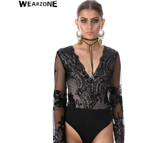 Golden sequin mesh bodysuit for women Transparent sleeve leotard bodysuit top V neck elegant jumpsuit romper