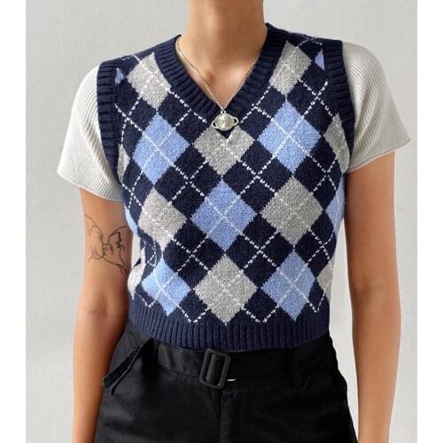 Women Sweater Vest Y2K Vintage Argyle Knitted Crop Sexy Slim Sleeveless Sweater Female V-Neck Plaid Knit Jumper Tops Streetwear