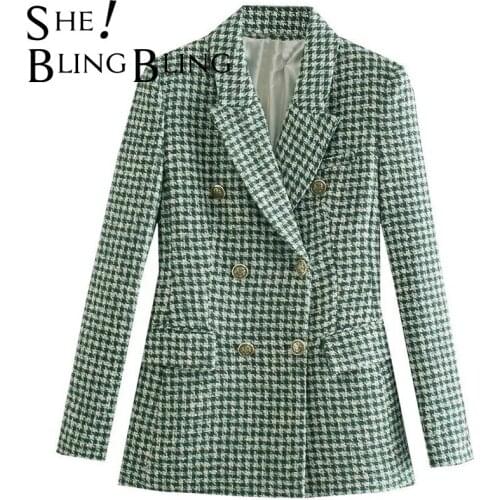 SheBlingBling Za Woman 2021 Casual Traf Coat Fall Winter Thick Green Tweed Woolen Ornate Buttons Slim Blazers Female Long Jacket