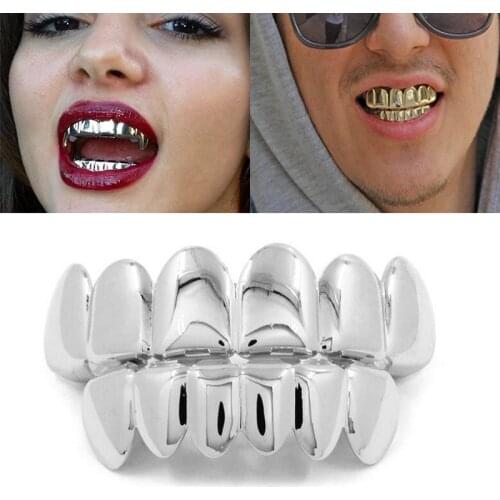1Set Hip Hop Top&Bottom Teeth Grillz Dental Vampire Teeth Caps Mouth Halloween Party Body Jewelry Gold Color Teeth