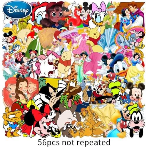 Disney 56pcs Princess Mickey Minnie Cartoon Stickers Skateboard New Waterproof Sticker Luggage Car Phone Laptop Bicycle Stickers