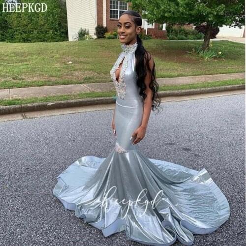 Sparkly Sliver Backless African Prom Dresses Sexy Black Girls Mermaid Long Graduation Dress Plus Size Wedding Party Gowns Cheap