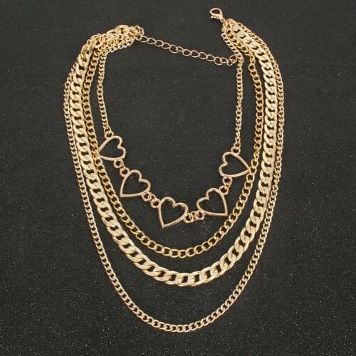 2020 New European Simple Hollow Chain Handmade Multi Layer Heart Necklace Punk Gold Chains Alloy Necklaces for Women Jewelry